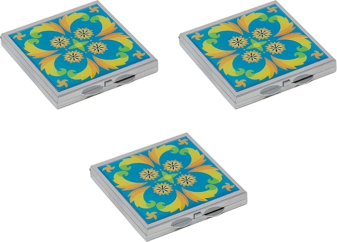 Stephanie Imports Set of 3 Double Sided Magnifying Compact Slim Mirrors with Printed Insert (Square - Psychedelic Turquoise)