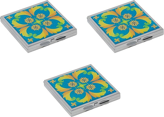 Stephanie Imports Set of 3 Double Sided Magnifying Compact Slim Mirrors with Printed Insert (Square - Psychedelic Turquoise)