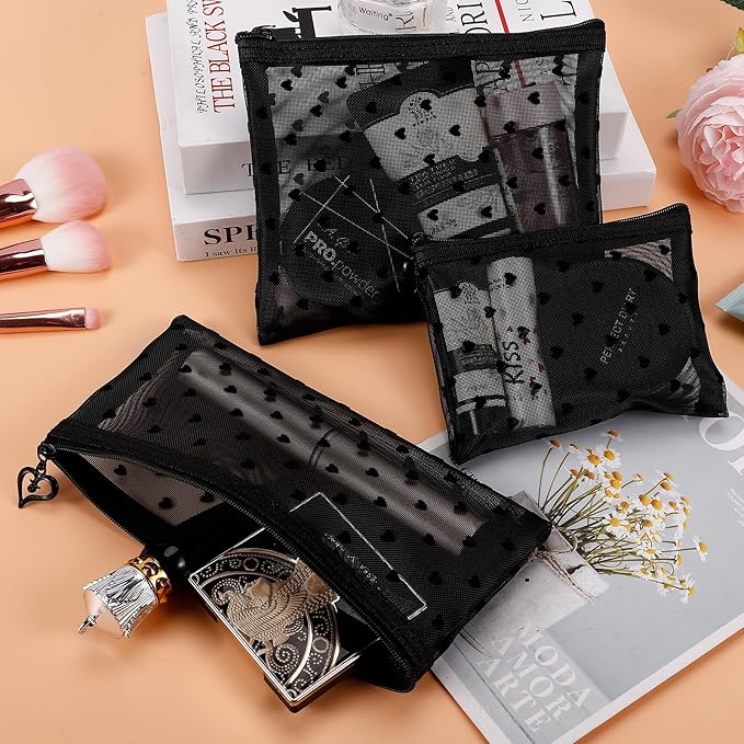 6 Pack Mini Zipper Mesh Makeup Bags, Heart Print Nylon Cosmetic Bags Toiletry Bags for Office Travel Organization (Black, M)