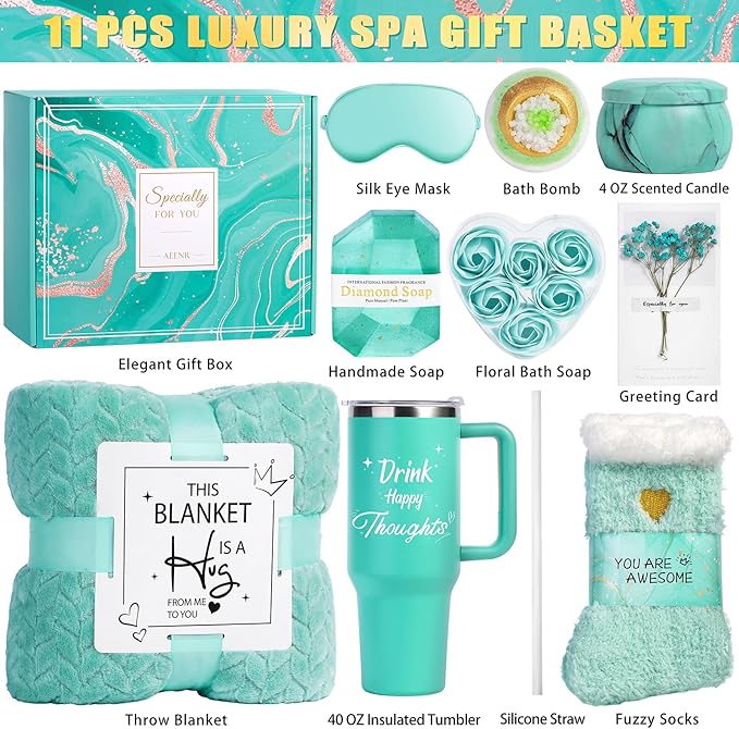 Christmas Birthday Gifts for Women, Self Care Get Well Soon Gift Baskets for Mom Her Sister Wife Girlfriend, Ocean Relaxing Spa Care Package w/Blanket 40 OZ Tumbler - Valentines Mothers Day