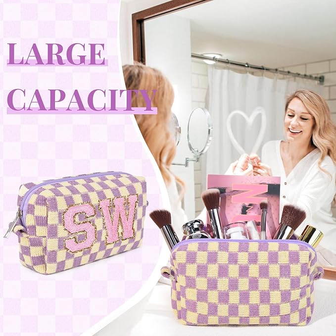 6 Pcs Preppy Makeup Bag Bulk Checkered Cosmetic Bag Purple Makeup Pouch Personalize Travel Toiletry Bag Organizer Cute DIY Makeup Brushes Storage Bag for Women