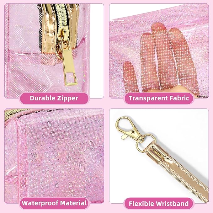 Clear Colorful Makeup Bag, Thick PVC Small Clear Toiletry Bag for Travel, Waterproof Cosmetic Bag with Durable Zipper & Detachable Strap, Cute Transparent Pouch Organizer for Women, 7.1×4×3 In Pink