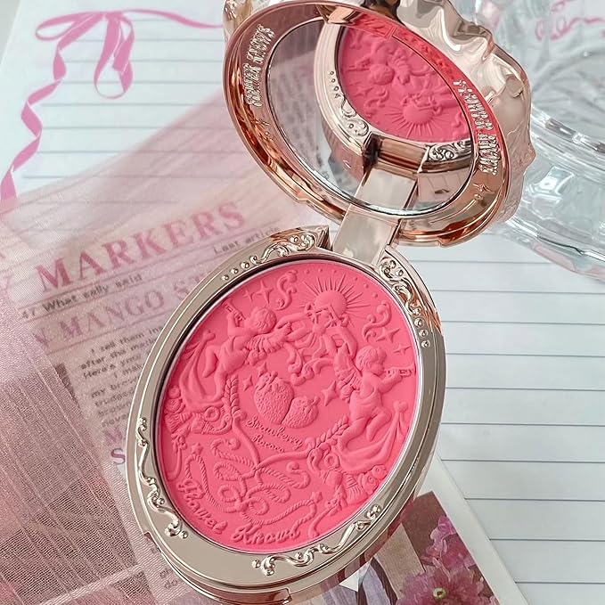 Flower Knows Strawberry Rococo Embossed Blush;Pink Matte Finish;Buildable & Blendable Powder Blush for cheeks,Natural Flush for All Skin Tones(G01 Romantic Blossom,4.6g)