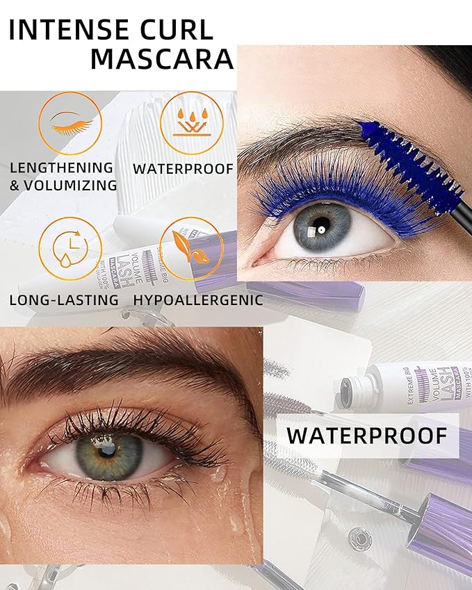 5D Colored Mascara for Eyelashes-3 Colors Blue Purple Green Longlasting Waterproof Mascara Volume and Length,Curling Fiber rimel de pestañas,Women's Day Cosplay Eye Makeup Gift for Women Girl