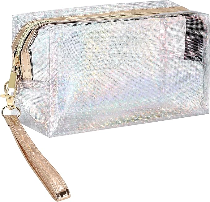 Clear Colorful Makeup Bag, Thick PVC Small Clear Toiletry Bag for Travel, Waterproof Cosmetic Bag with Durable Zipper & Detachable Strap, Cute Transparent Pouch Organizer for Women, 7.1×4×3 Inch Gray