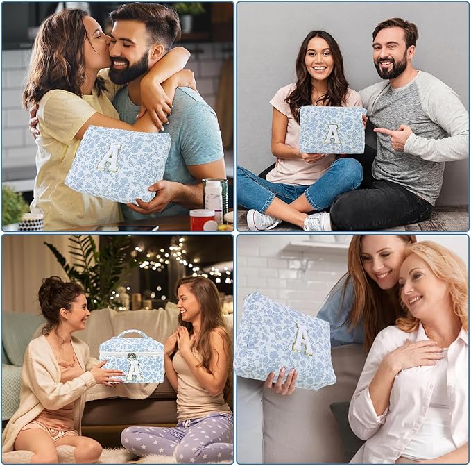 3 Pcs Travel Initial Quilted Makeup Bag set, Toiletry Personalized Floral Makeup Bag Birthday Gifts for teens girls and women, Cosmetic bags makeup organizer bag set-A