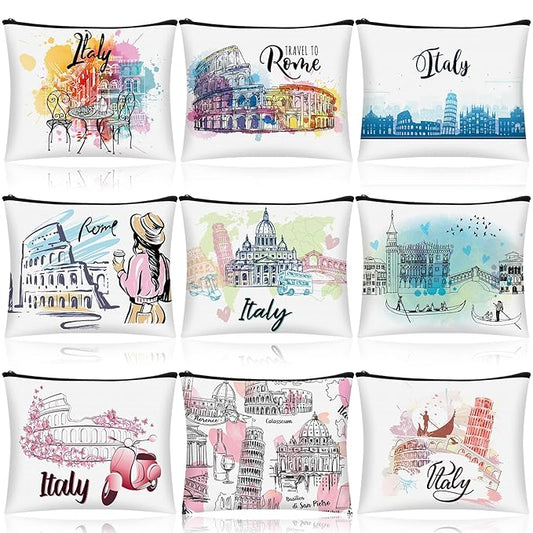 9 Pcs Italy Cosmetic Bag New York Souvenir Zipper Pouch Los Angeles Souvenir Gifts Italy Paris Broadway Alaska Makeup Purse for Girls Women Traveler Birthday Christmas Party Favors