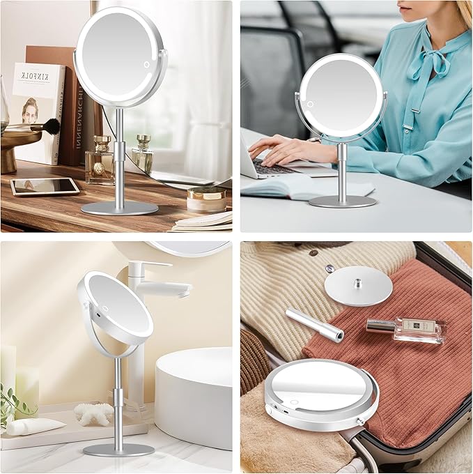 Magnifying Mirror with Light 20X, Height-Adjustable Lighted Makeup Mirror with Magnification, Double - Sided Aluminum Alloy LED Mirror, 3 Lighting Modes Ideal for Desk Bathroom Makeup, Silver