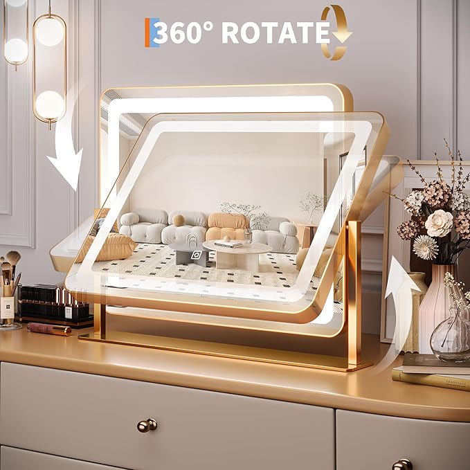 19.6"x15.7" Vanity Mirror with Lights, Large Lighted Mirror, LED Makeup Mirror with 3-Color Dimmable Modes and Smart Touch Control, Perfect for Desk or Bedroom, Vanity Desk Tabletop Makeup, Gold