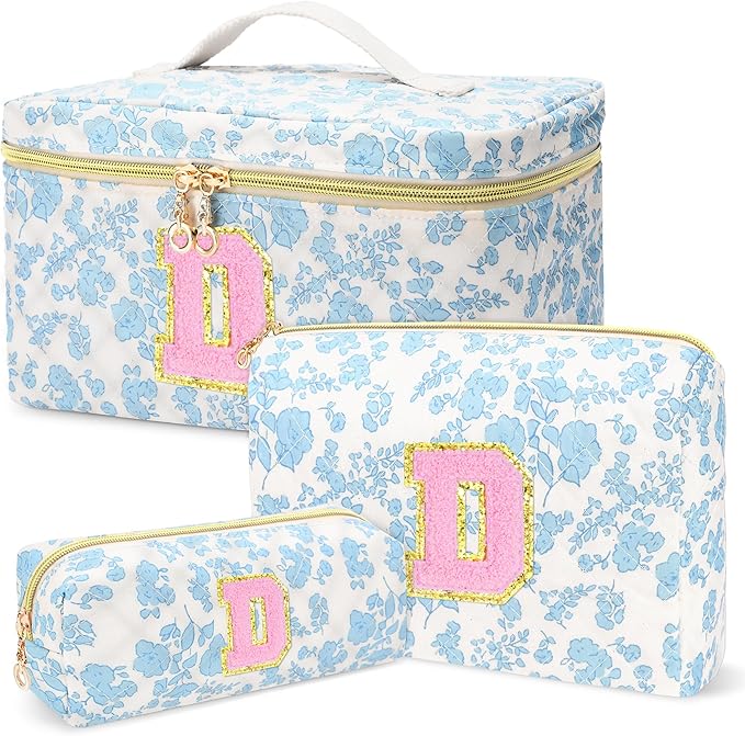 3 PCS Travel Makeup Bag Set, A-Z Initials Cotton Make up Bag Floral Quilted Cosmetic Bag for Girls and Women, Personalized Cute Toiletry Bag Travel Accessories Brushes Bag Blue - D