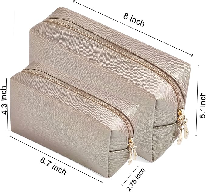 2pcs set PU Leather Cosmetic Bag for Women Minimalism Makeup Bag for Daily Use Portable Storage Purse Small Neat Cosmetic Pouch Water-resistant Toiletry Bag for Travel (Coffee)