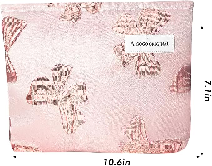 Bow Makeup Bag Large Floral Cosmetic Bags for Women Cute Makeup Pouch Zipper Cosmetic Pouch for Purse Embossed Pink Bow Aesthetic Portable Travel Toiletry Bag Makeup Organizer Bag