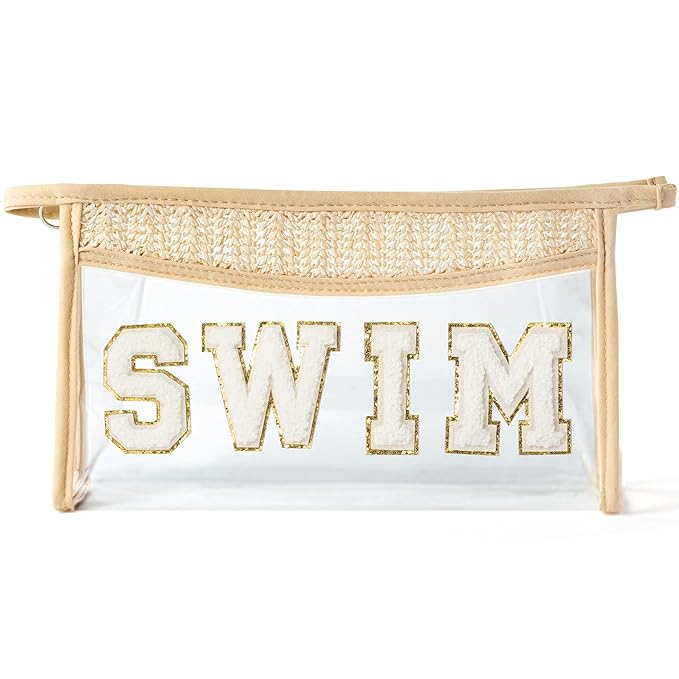 Boho Patch Cosmetic Bag - Summer SWIM Chenille Varsity Letter Toiletry Kit Beige Clear Waterproof Travel Makeup Bag PVC Zipper Clutch Daily Use Purse Summer Gift for Women Girls