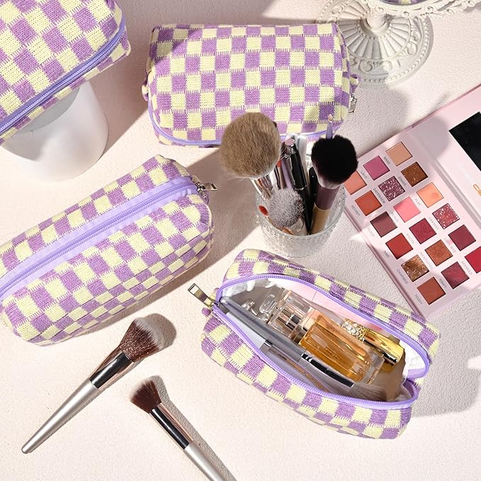 6 Pcs Preppy Makeup Bag Bulk Checkered Cosmetic Bag Purple Makeup Pouch Personalize Travel Toiletry Bag Organizer Cute DIY Makeup Brushes Storage Bag for Women