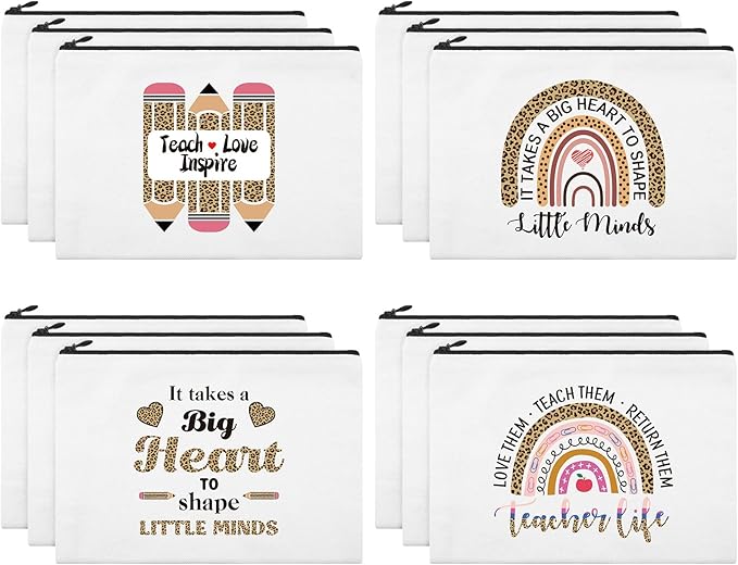 12 Pcs Teacher Gifts Makeup Bags Teacher Appreciation Travel Toiletry Canvas Cosmetic Pencil Survival Kit Bag for Women Zipper Pouch Bag Thank You Gifts Bulk (Rainbow and Pencil)