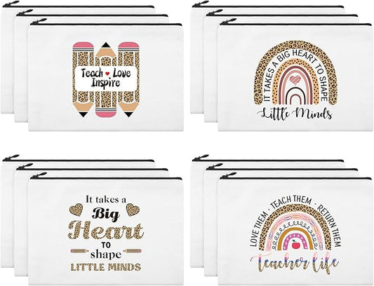 12 Pcs Teacher Gifts Makeup Bags Teacher Appreciation Travel Toiletry Canvas Cosmetic Pencil Survival Kit Bag for Women Zipper Pouch Bag Thank You Gifts Bulk (Rainbow and Pencil)