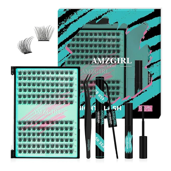 AMZGIRL LASH Midnight DIY Lash Extension Kit, 144 pcs Eyelash Clusters Kit Lash Bond and Seal, Lash Glue Remover and Applicator for Individual False Eyelashes Kit Lash Extensions(D-10mm Kit)