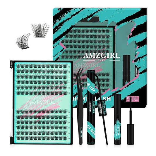 AMZGIRL LASH Midnight DIY Lash Extension Kit, 144 pcs Eyelash Clusters Kit Lash Bond and Seal, Lash Glue Remover and Applicator for Individual False Eyelashes Kit Lash Extensions(D-10mm Kit)