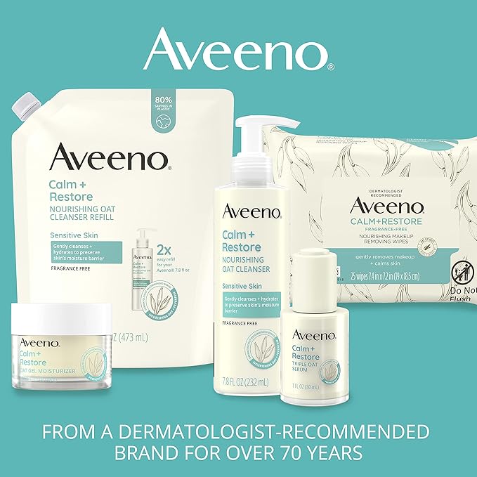 Aveeno Calm + Restore Triple Oat Hydrating Face Serum for Sensitive Skin, Gentle, Lightweight Facial Serum Instantly Smooths Skin, Fast-Absorbing, Hypoallergenic & Fragrance-Free, 1 fl. oz