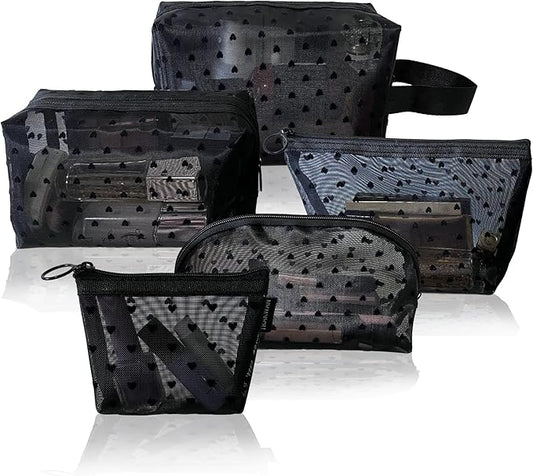 5 Pieces Zipper Mesh Cosmetic Bags Set, Mesh Heart Makeup Bags Toiletry Bags, Portable Travel Makeup Bags for Women, Small Items Storage Organizer Bags for Travelling (Black)