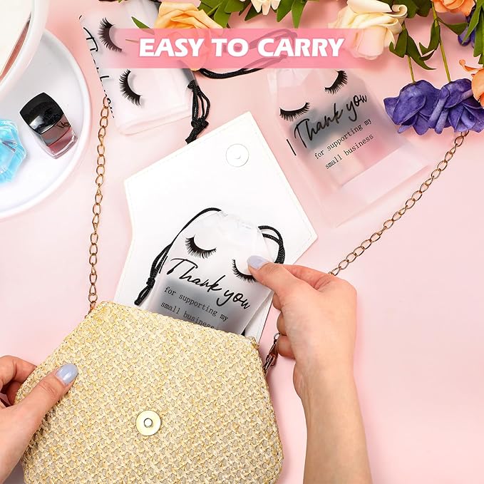 Abbylike 100 Pcs Eyelash Aftercare Lash Bags for Clients Eye Lash Print Drawstring Makeup Bag Empty Beauty Gift Cosmetic Sample Pouch for Women Small Business Supplies, 4 x 6 in(White)