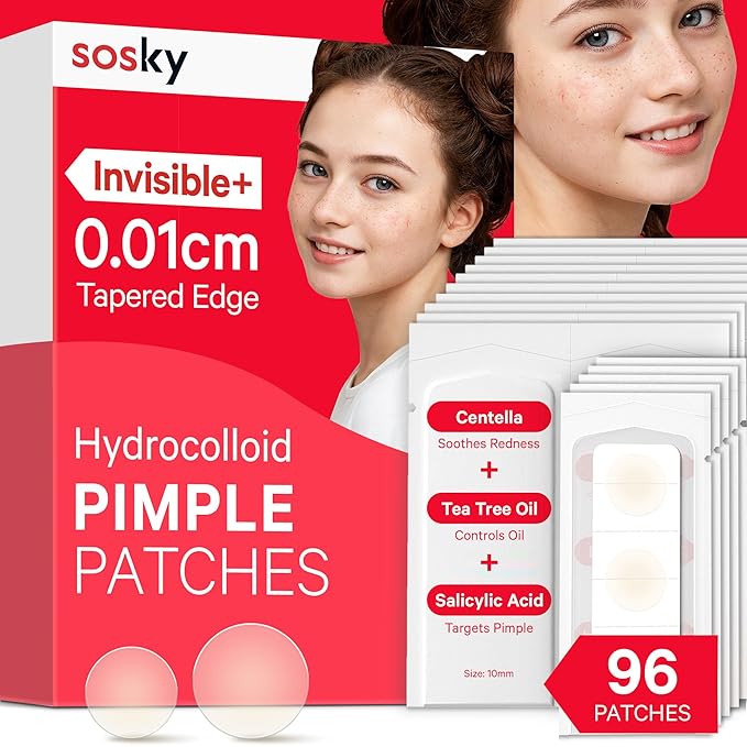 Sosky Pimple Patches for Face, FSA HSA Eligible Invisible Hydrocolloid Acne Patches, Zit Sticker for Face and Skin, Pimple Sticker for Covering Zits, Blemishes with Salicylic Acid 96 Count