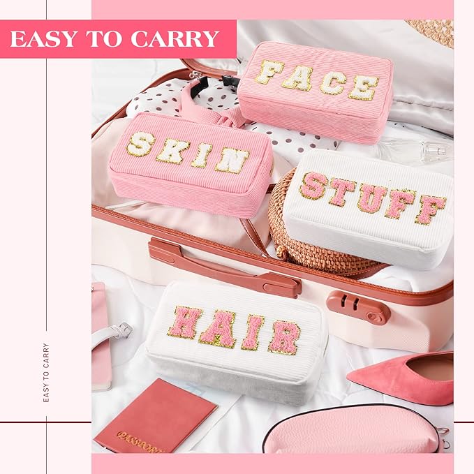 4 Pcs Preppy Patch Makeup Bag Corduroy Cosmetic Bag Makeup Accessories Skincare Pouch Chenille Letter Portable Zipper Face Pouch Cute Toiletry for Women Travel(Pink White Series Color)