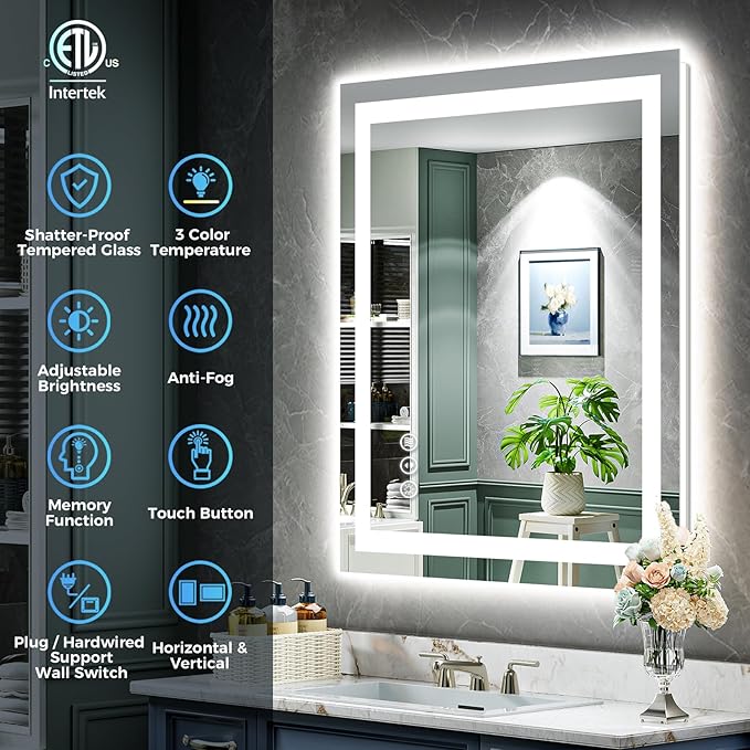 24x36 Inch LED Bathroom Mirror with Lights Front and Backlit Lighted Vanity Mirror for Bathroom Wall with 3 Colors Dimmable Anti-Fog Memory Shatter-Proof IP54 Waterproof Horizontal/Vertical