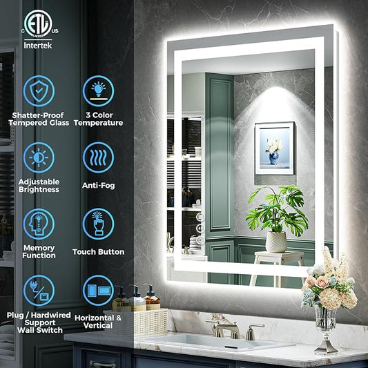 24x30 Inch LED Bathroom Mirror with Lights Front and Backlit Lighted Vanity Mirror for Bathroom Wall with 3 Colors Dimmable Anti-Fog Memory Shatter-Proof IP54 Waterproof Horizontal/Vertical