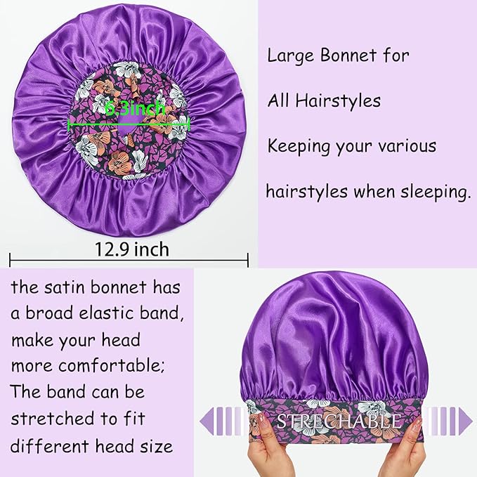 4 Pack Satin Bonnet Silk Bonnet for Sleeping Women, Hair Sleep Bonnets for Women, Wide Soft Band Sleep Cap for Curly Hair Braids