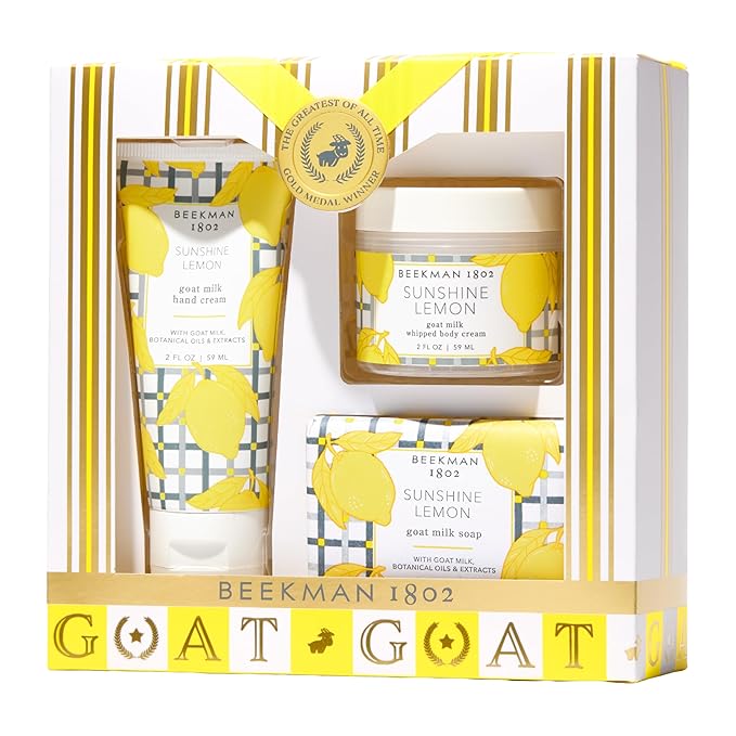 Beekman 1802 Best of the Zest Sunshine Lemon 3-Piece Bodycare Gift Set - Cleanses, Nourishes and Hydrates with Lactic Acid & Shea Butter, Good for Sensitive Skin, Gifts for Her