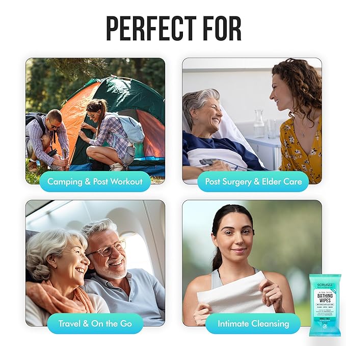 Extra Large Bath Wipes for Adults Bathing No Rinse - 120 Disposable Body Cleansing Wipes for Men, Women & Elderly - Great for Gym, Camping, Post Surgery - Shower Wipes