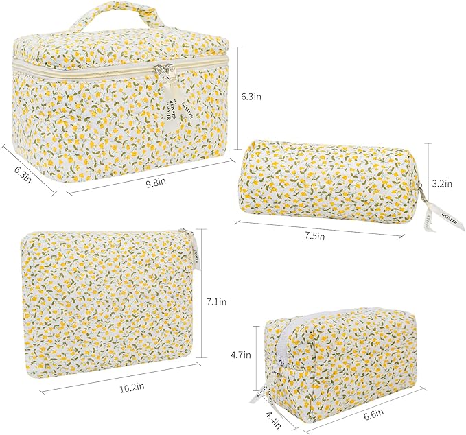 4Pcs Quilted Makeup Bag Set Cute Floral Cosmetic Bag Cotton Coquette Make up Bag Aesthetic Travel Toiletry Bag for Women Girls