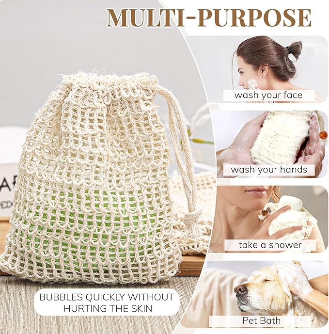 20 Pack Soap Exfoliating Bag, Natural Sisal Soap Saver Bag with Drawstring, Soap Saver Bag with Wooden Bead, Exfoliating Soap Bag for Shower
