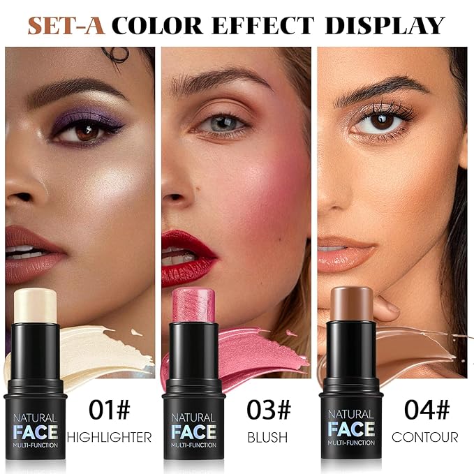 3Pcs Cream Contour Kit - Cream Blush, Highlighter, Contour Bronzer for Cheeks, Waterproof Long Lasting Blendable, Contour Stick Trio for Face Makeup (#01, 03, 04)