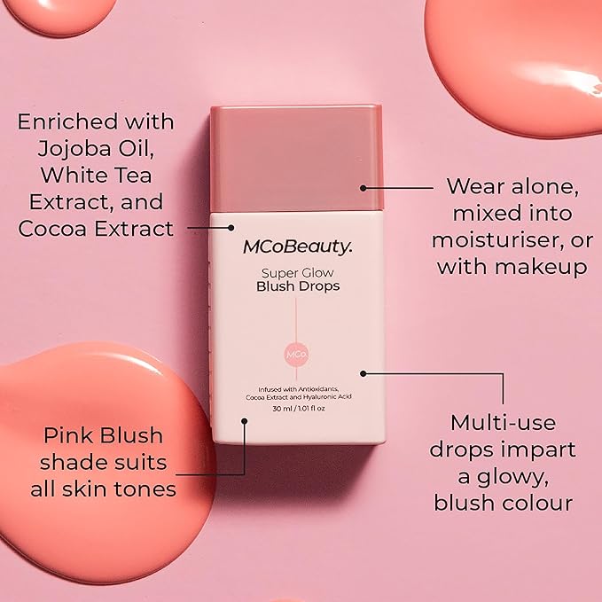 MCoBeauty Super Glow Blush Drops, Blush Pink, Instantly Warm and Illuminate Your Complexion, Vegan, Cruelty Free Cosmetics