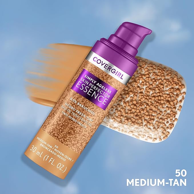 Covergirl Simply Ageless Skin Perfector Essence Foundation, 50 Medium-Tan, Tinted Skincare Makeup Hybrid, Sheer Tint, Radiant Finish, Glowy Finish, Vegan Formula, 1.0oz