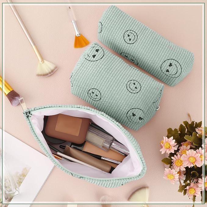 3 Pcs Makeup Bag Set for Women Corduroy Cosmetic Pouch Aesthetic Smile Travel Toiletry Bag Cute Purse Pouch Pencil Case Makeup Brushes Storage Organizer for Christmas(Green,Smile Face)