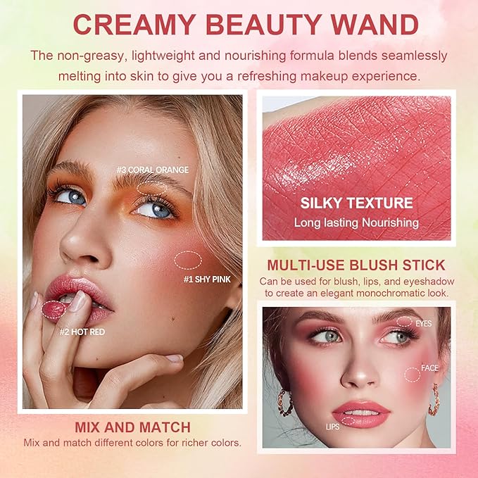 Cream Blush Stick, Monochromatic Beauty Wand for Cheek and Lip Tint, Long Lasting Hydrating Formula, Multi-use Makeup Stick Blends Perfectly onto Skin, 0.6 oz (2# Hot Red)