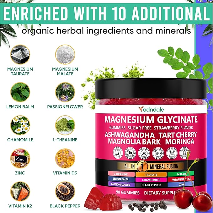 Adndale 90ct 15-in-1 Magnesium Glycinate Gummies 400 mg/serv- with Magnesium Malate, Ashwagandha, Tart Cherry, Magnolia Bark, Lemon Balm, Passionflower, Chamomile, L-Theanine, Zinc, Vitamin K2 & D3