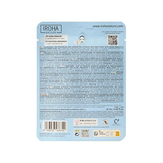 IROHA NATURE Face Masks - Packs for Better Skin (Pack of 5, Aftersun Facial Mask with Algae, Probiotics & Hyaluronic Acid)