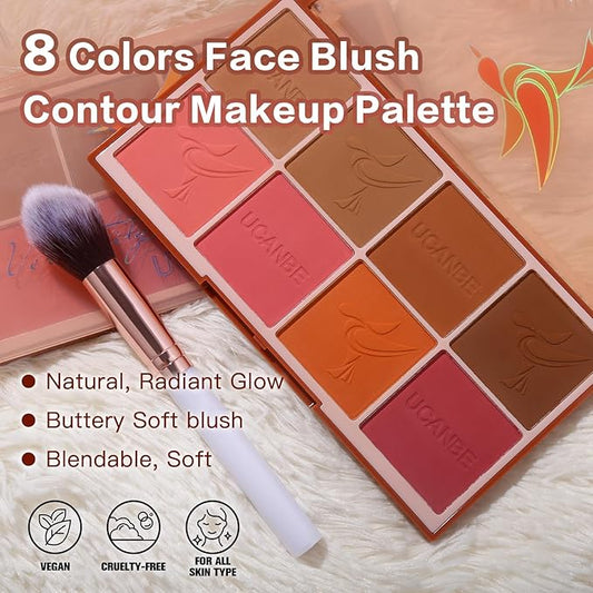 8 Colors Face Matte Blush Palette Shading Blusher with Brush - Buildable Facial Cheek Blusher Contour Bronzing Pressed Powder Makeup Pallet Women Gift Set (Multicolor, Standard size)