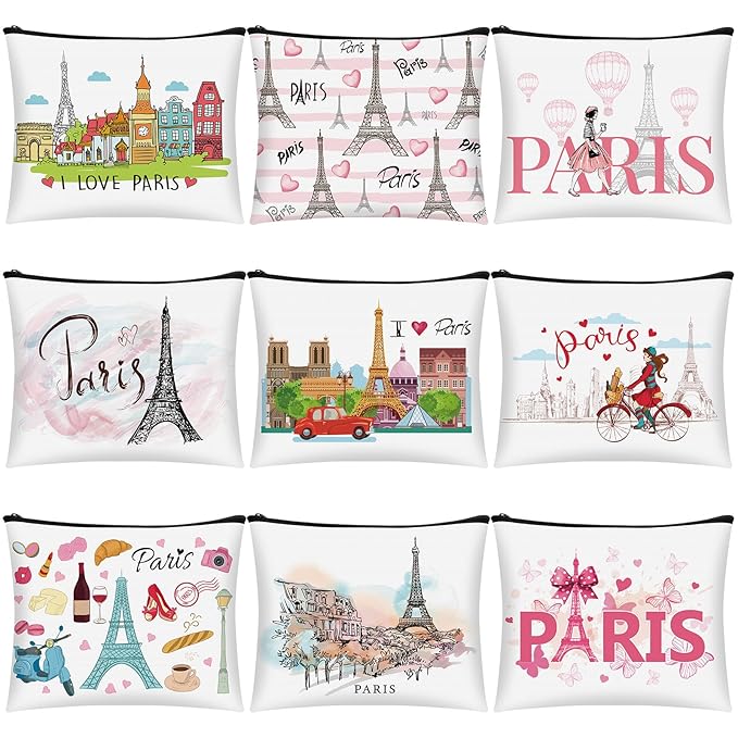 9 Pcs Paris Cosmetic Bag New York Souvenir Zipper Pouch Los Angeles Souvenir Gifts Italy Paris Broadway Alaska Makeup Purse for Girls Women Traveler Birthday Christmas Party Favors