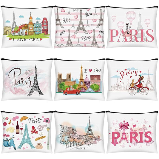 9 Pcs Paris Cosmetic Bag New York Souvenir Zipper Pouch Los Angeles Souvenir Gifts Italy Paris Broadway Alaska Makeup Purse for Girls Women Traveler Birthday Christmas Party Favors