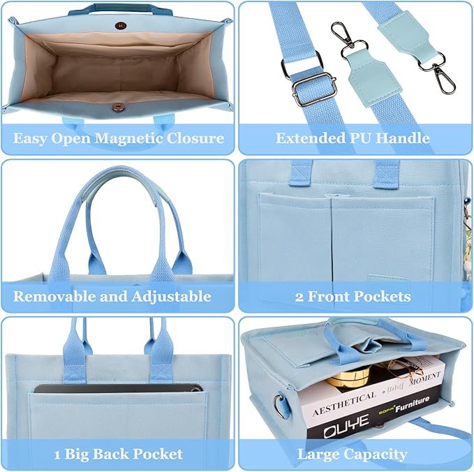 Canvas Tote Bag for Women With Pockets, Laptop Work Crossbody Purses Everything Shoulder Tote Bag Everyday Satchel Handbags