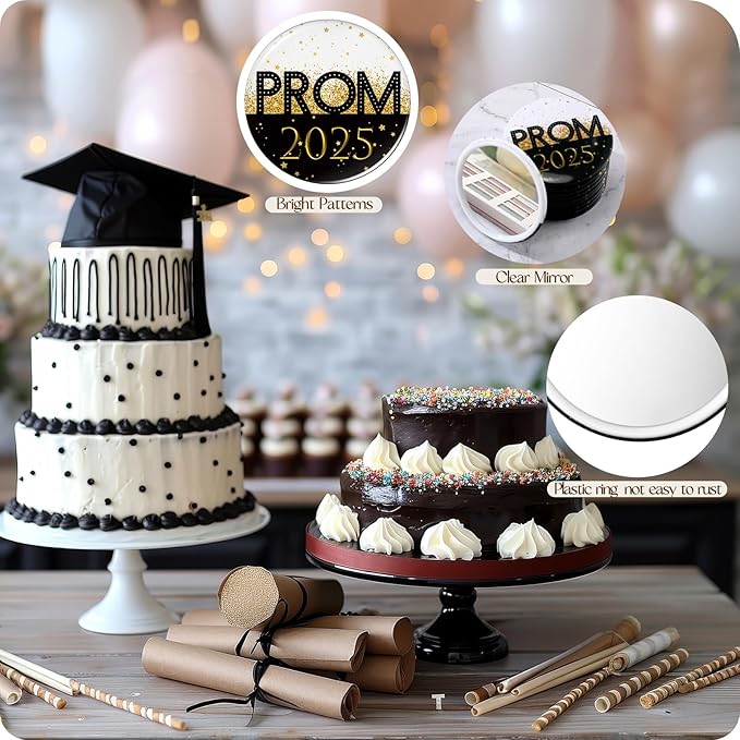 36 Sets Prom 2025 Graduation Party Favor Prom Compact Mirror for Her Him Inspirational 2025 Graduation Cards for Senior Night College Party Gifts(Black Gold)