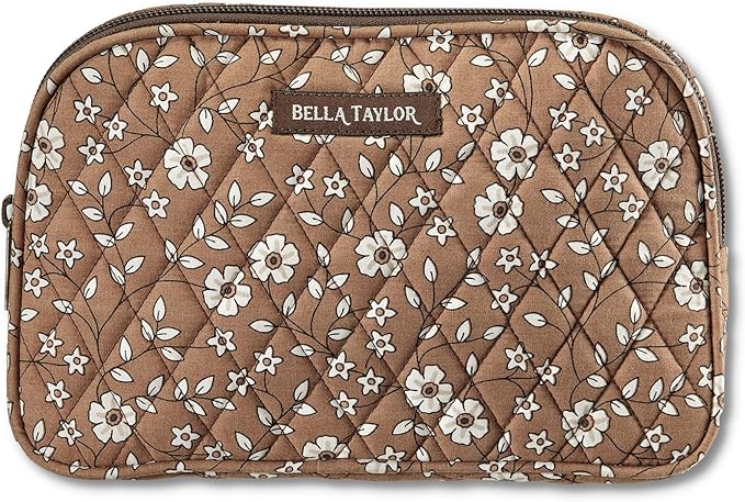 Bella Taylor Large Quilted Cotton Makeup Pouch for Women, Travel Cosmetic Bag, Quilted Cotton Vintage Vine Brown Floral