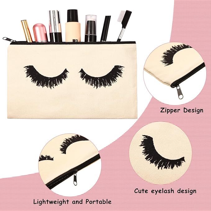 18 Pieces Eyelash Cosmetic Bags Canvas Lash Makeup Bag Travel Make up Pouches Toiletry Bag with Zipper for Women and girls (S, Beige)