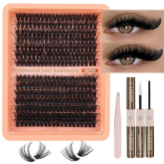 Mavphnee Lash Extensions Kit 280Pcs Cluster Eyelash Extensions Thick D-Curly Lash Clusters Volume 10-18MM DIY Individual Lashes Kit with Bond and Remover, Eyelash Tweezers(60D&80D 0.07D)