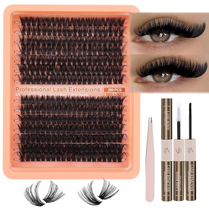 Mavphnee Lash Extensions Kit 280Pcs Cluster Eyelash Extensions Thick D-Curly Lash Clusters Volume 10-18MM DIY Individual Lashes Kit with Bond and Remover, Eyelash Tweezers(60D&80D 0.07D)